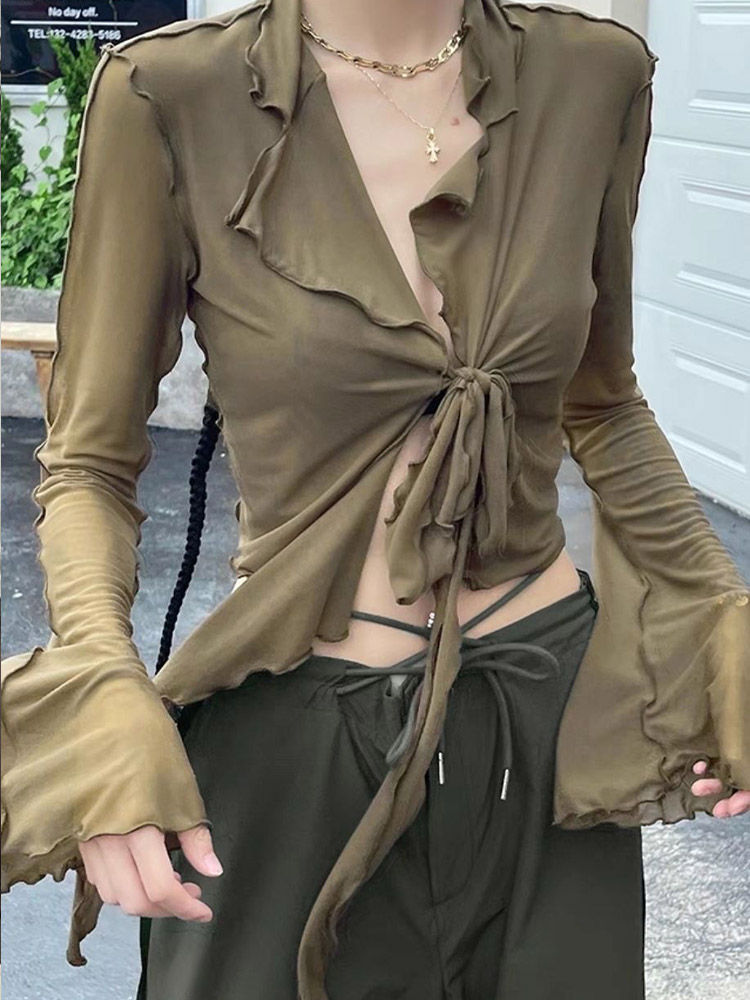 Thumbnail: The Amélie – Sheer Lace-Up Blouse