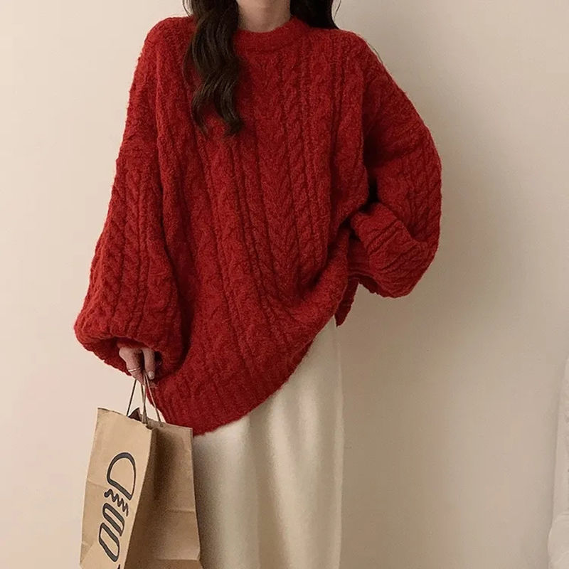 Autumn Winter Women Knit Sweater Korean Oversized Long Sleeve O Neck Pullover Fa