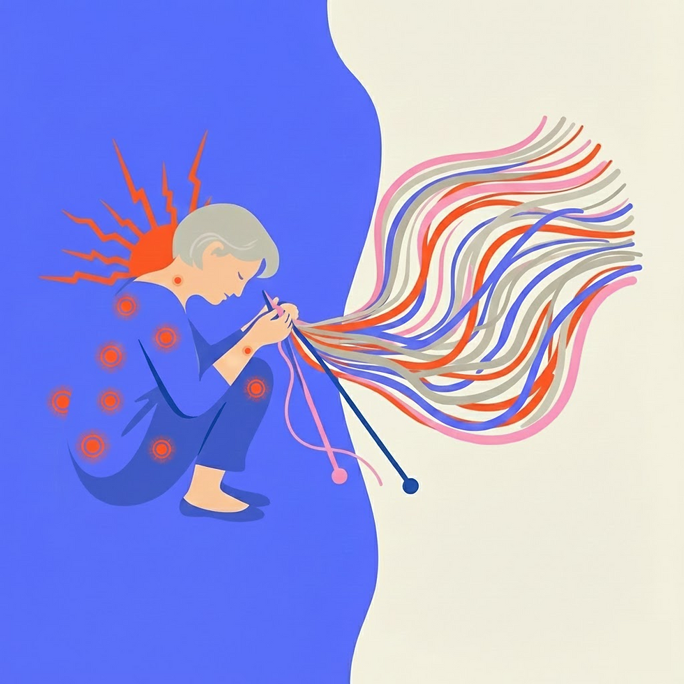 illustration of a knitter in pain using knitting for relief
