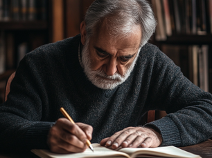 Elderly man writing in a journal