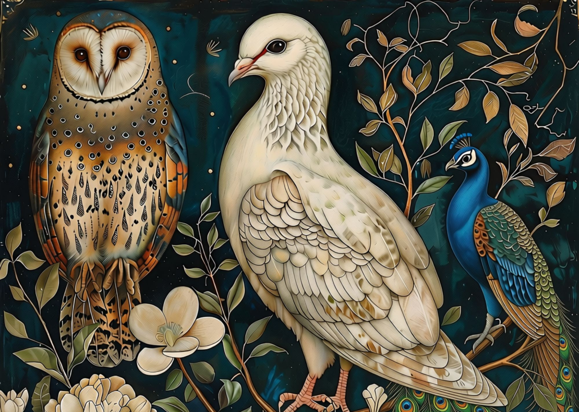 A picture of a dove, owl and peacock