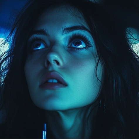 Woman looking at the sky in blue.