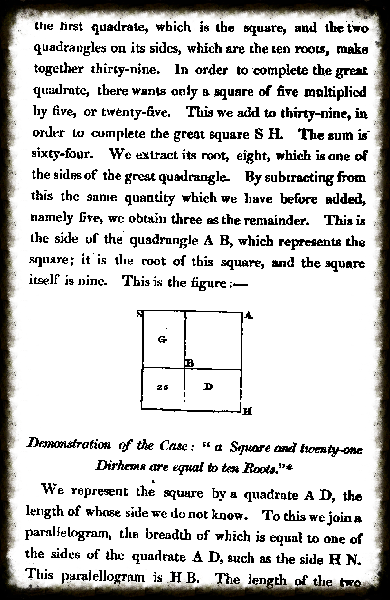 A page from The Algebra of Al-Khwarizmi by Fredrick Rosen, in English.