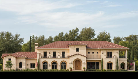 Large two-story home design with Tuscan style architecture front view