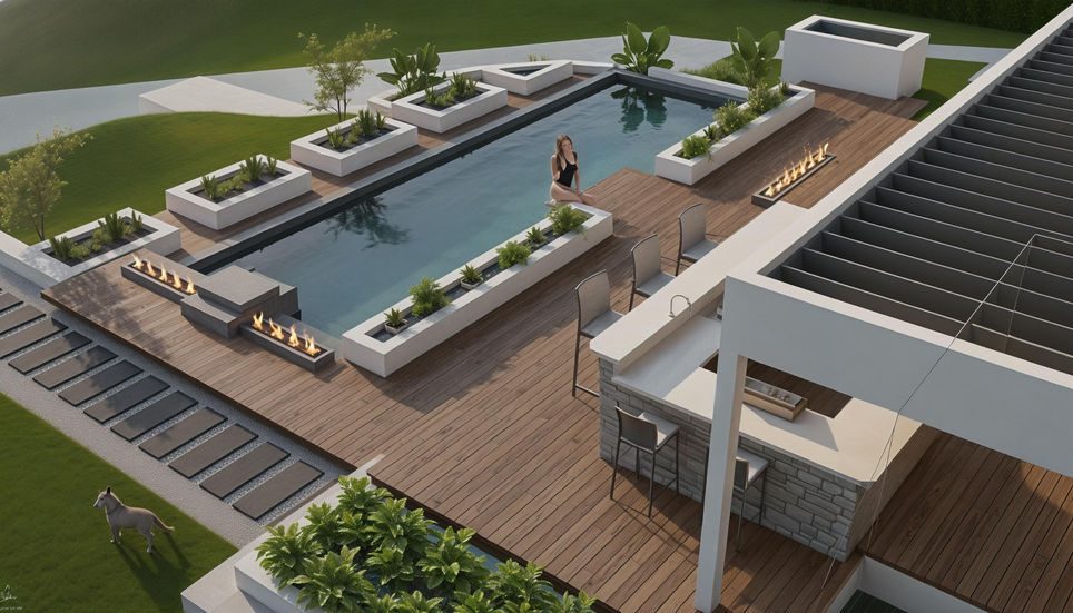Aurora Backyard design rendering angled overhead view of pool and grill