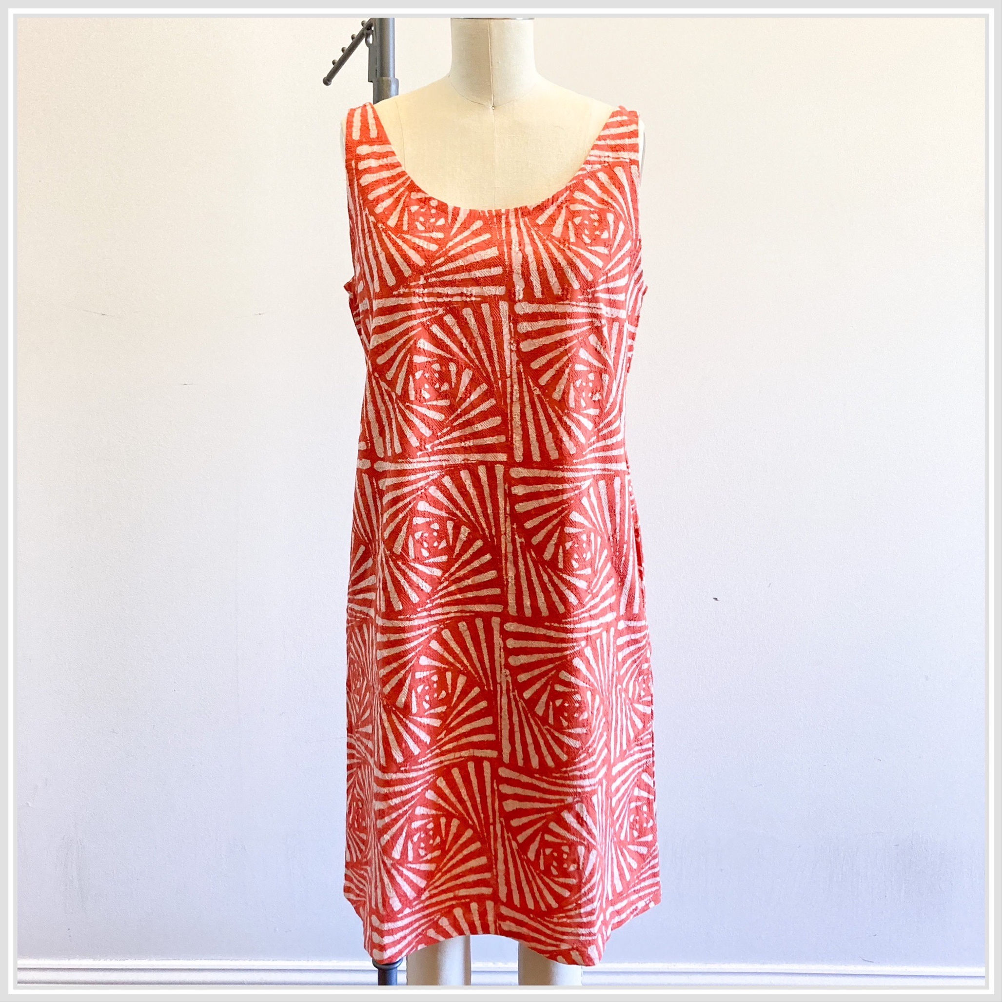 Salmon Red Hand Block Embroidered – Sleeveless Midi Dress