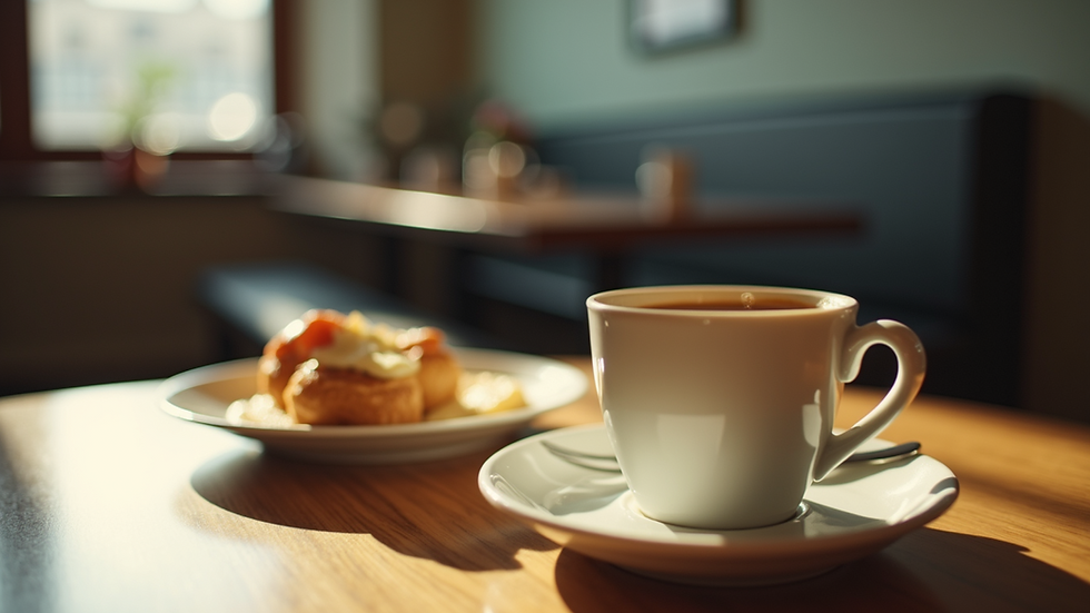 High angle view of a coffee cup and breakfast plate on a diner table