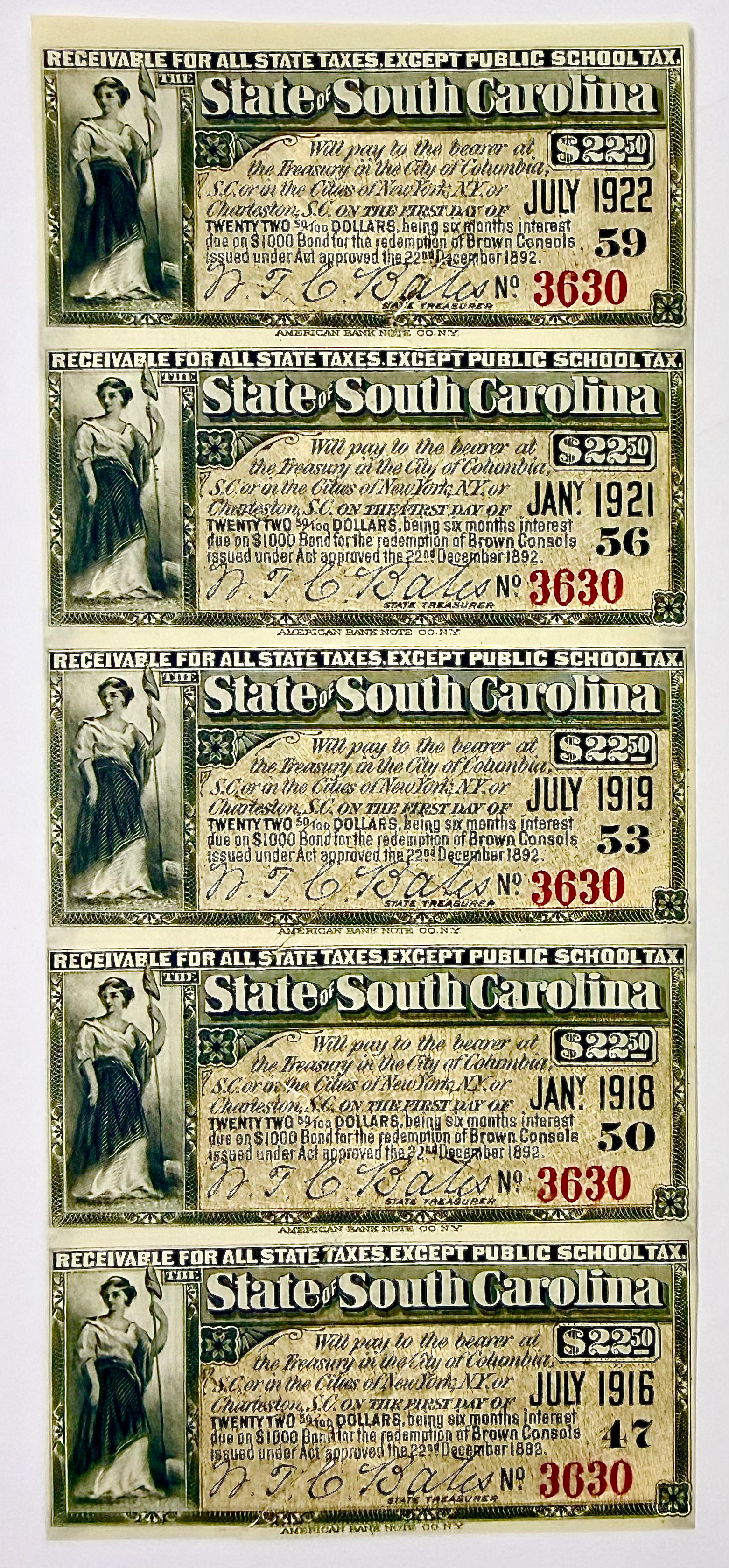$22.50 State of SC $1,000 Bond for Redemption of Brown Consols Interest Coupons