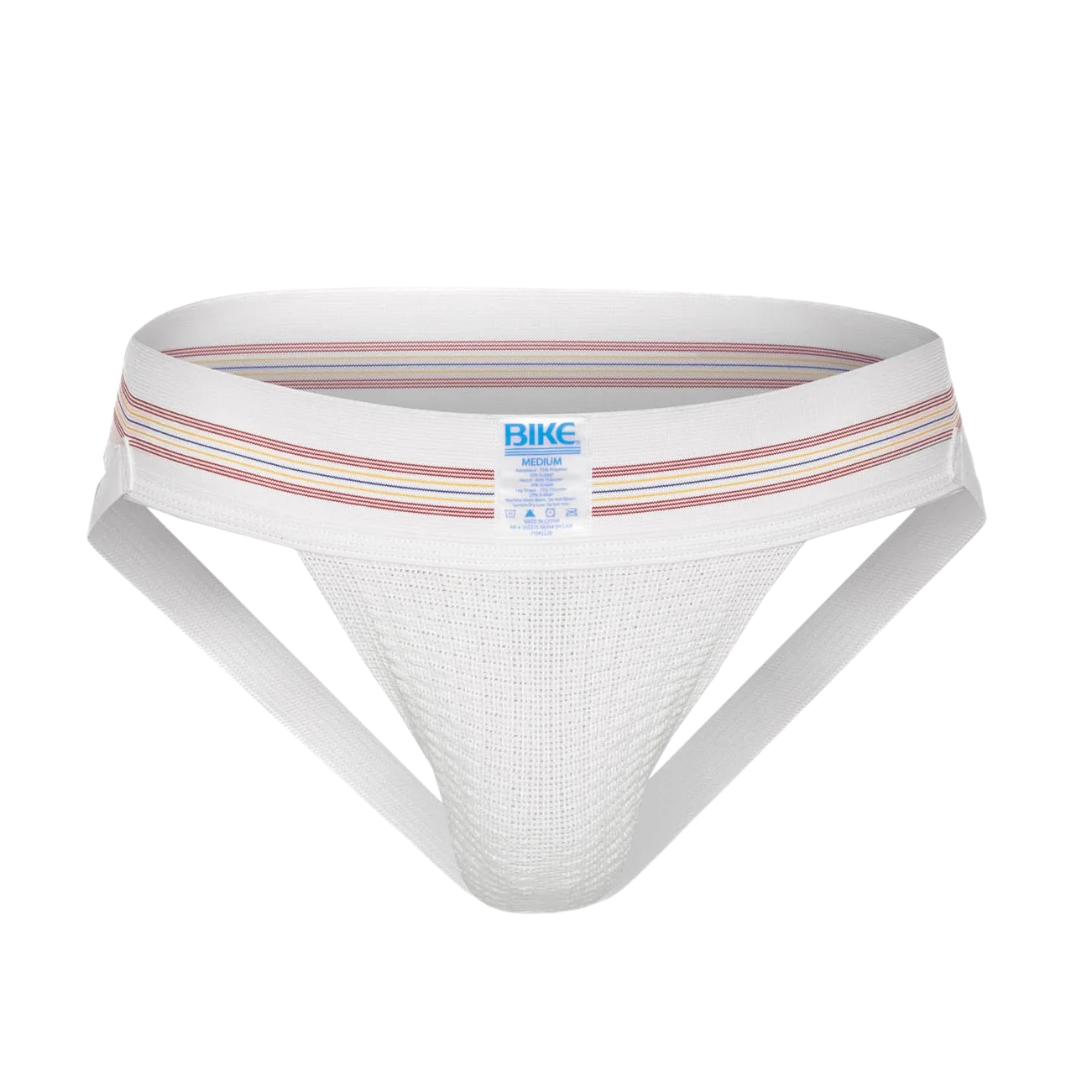 White BIKE medium jockstrap with rainbow stripes and front pouch, isolated on black background.
