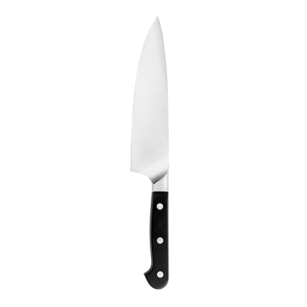 Chef’s knife with black handle and silver blade, isolated on a black background.