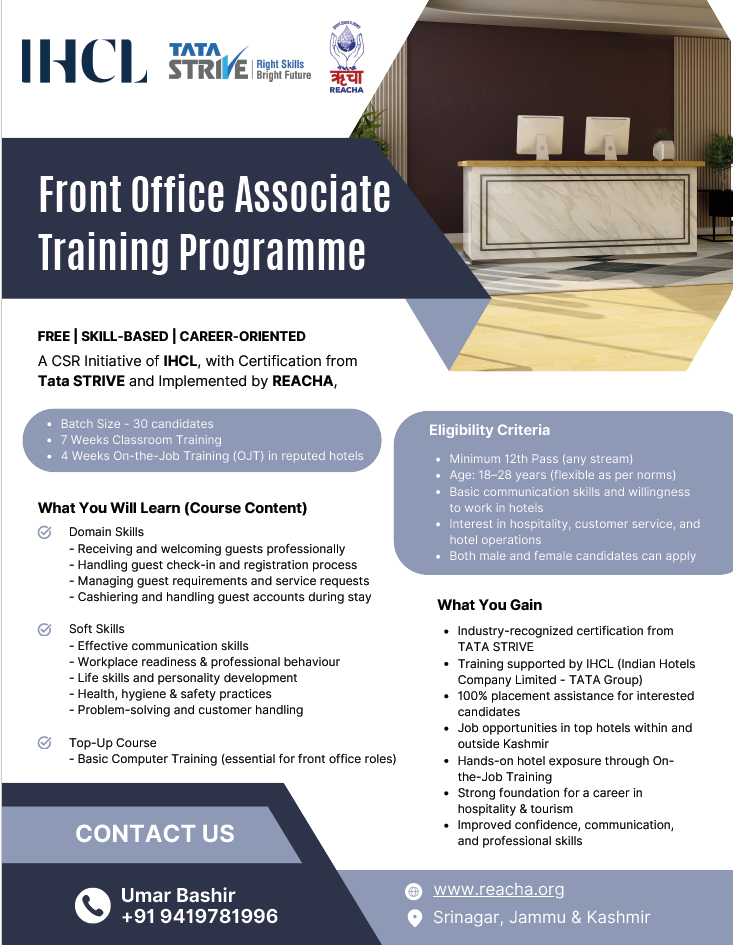 New Beginnings - We are happy to share that with support of The Indian Hotels Company Limited (IHCL) and Tata STRIVE - REACHA team is coming up with a Center of Excellence in Srinagar. 