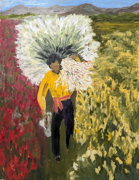 Flower field worker harvesting white stock flowers in the Japanese flower gardens of historical Phoenix, Arizona