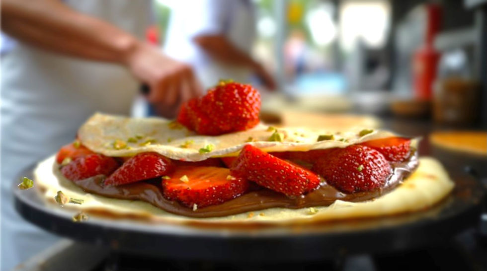 Eye-level view of a mobile crepe vendor preparing crepes on a griddle