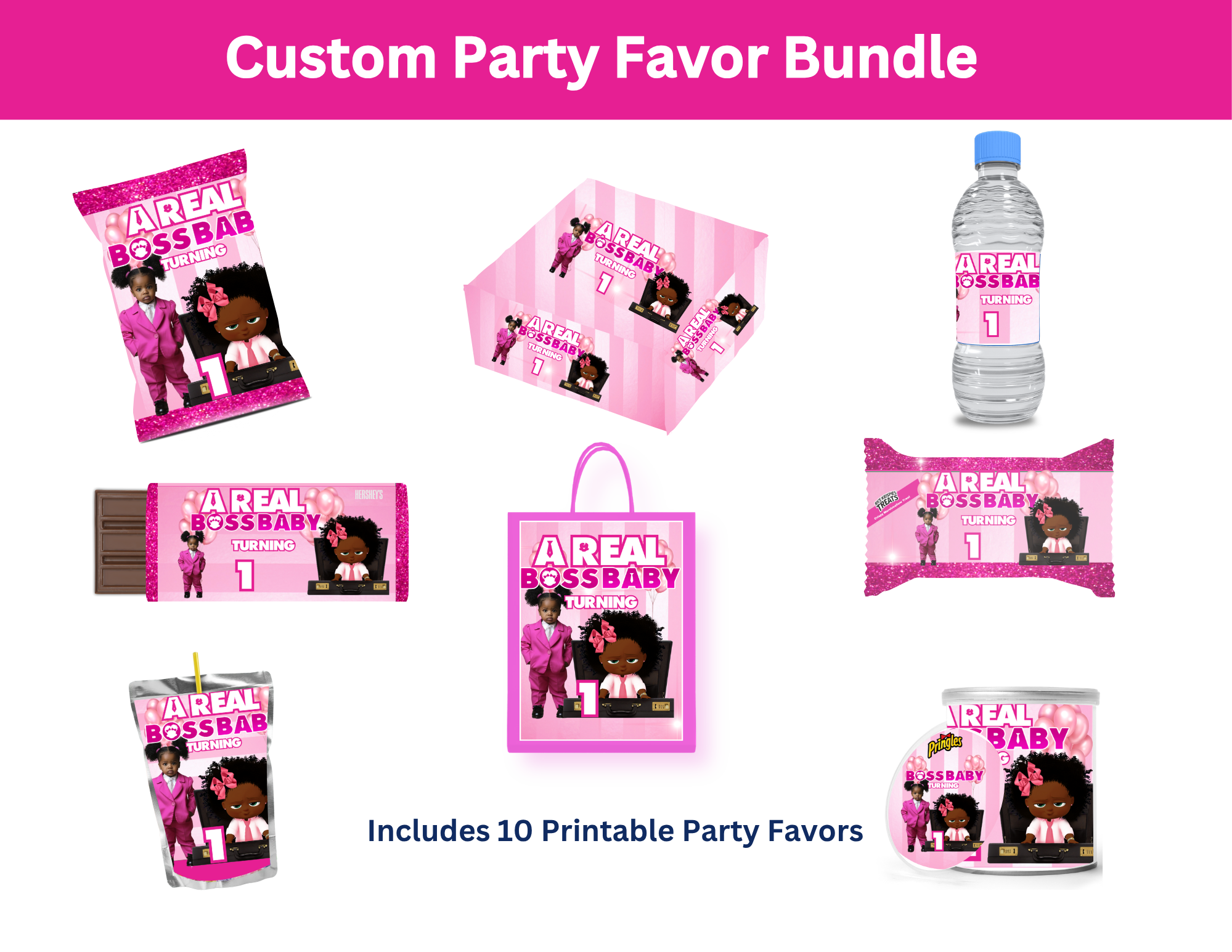 Editable Girl Boss Baby Party Favor Bundle | 11 Canva Templates
