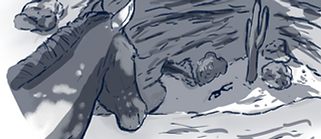 Horse overlooking a basin, where a man lays in the desert