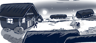 An injured, confused man exits a cabin in the desert and approaches a bonfire with two men around it.