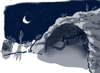 A mysterious cave-lair looms ominously under the desert night.