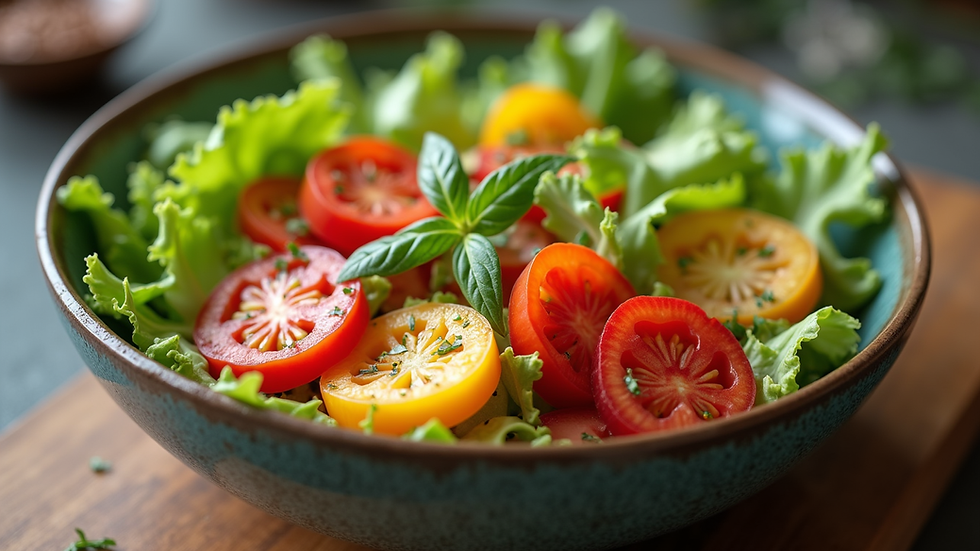 Close-up view of a healthy salad bowl with colorful vegetables