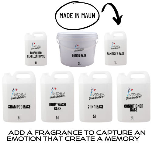 Bulk Amenities labeled as mosquito repellent, lotion, sanitizer, shampoo, and more. Text: "Made in Maun" and "Add a fragrance to capture an emotion."