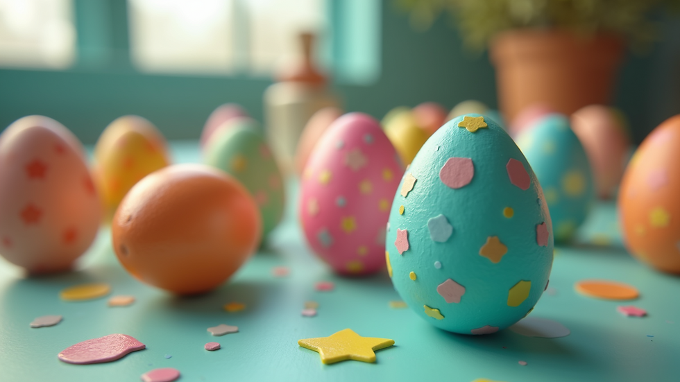 Eye-level view of a 3D Easter egg painting kit with vibrant colors