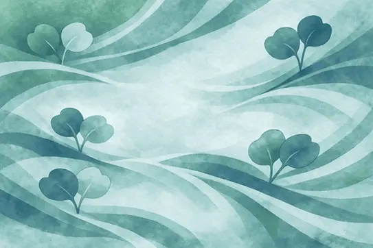 Decorative watercolor style illustration of dark blue-green swirls with some leaves