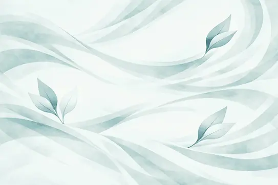 Decorative illustration of grayish teal swirls and leaves