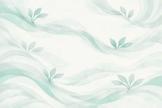 Decorative watercolor style illustration of very pale blue green and grayish swirls with some leaves