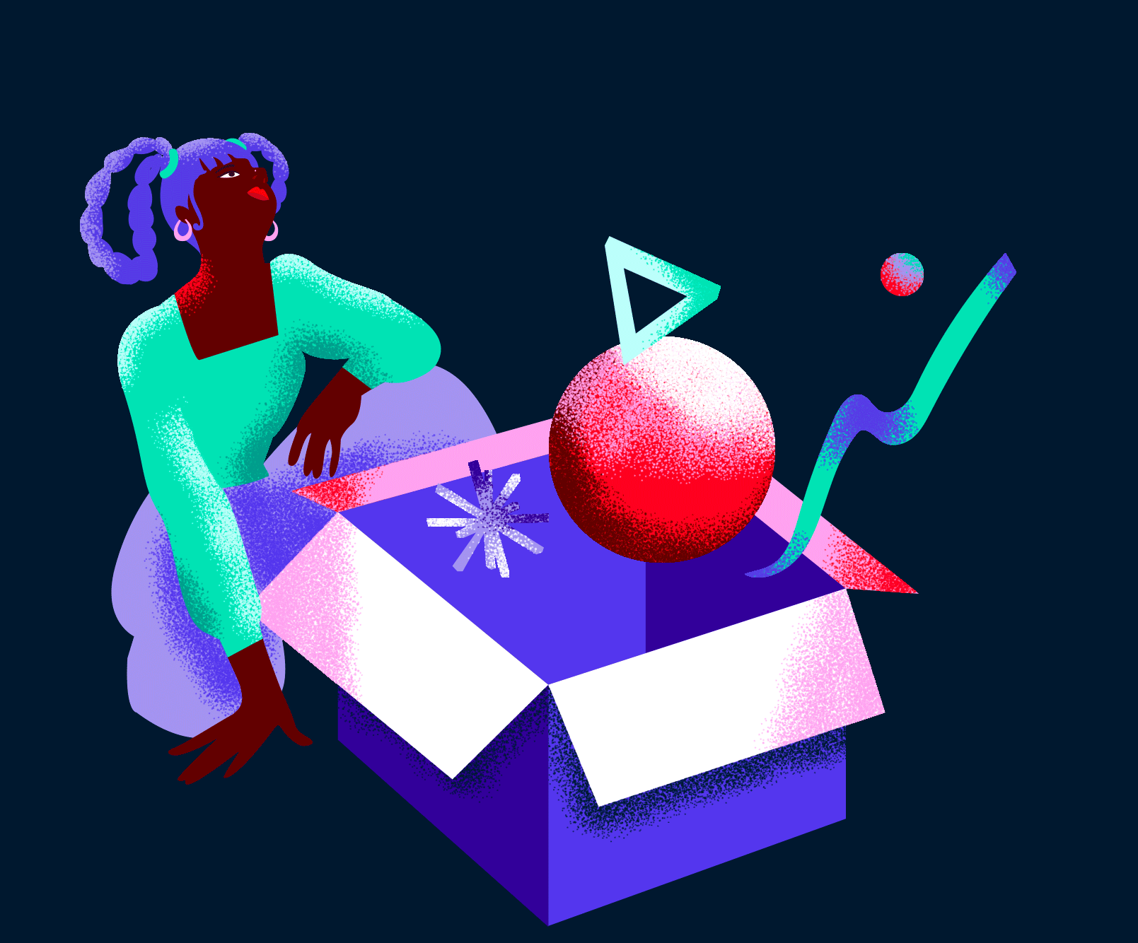 girl with box of floating shapes