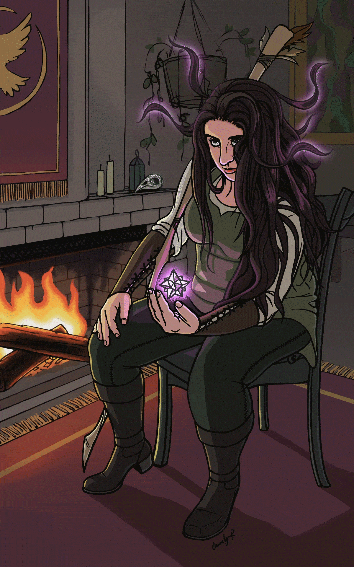 Digital drawing made by Emmelyn Redd and turned into a GIF of a girl sitting by a fire with a mystical crystal floating above her hand, causing her hair to float and move around.