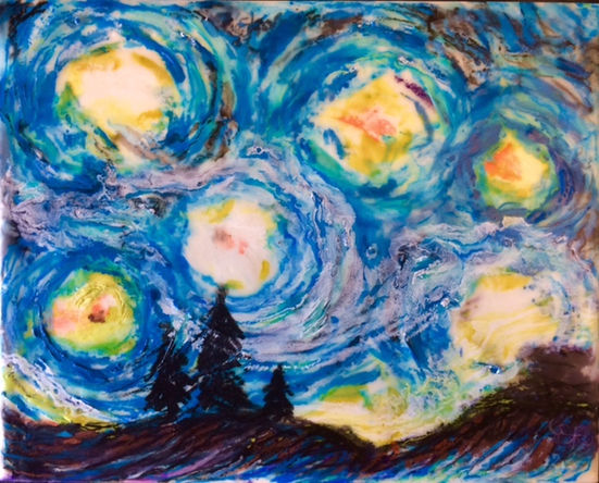Melted beeswax artwork by Emmelyn Redd as an homage to Vincent Van Gogh's 'Starry Night'.