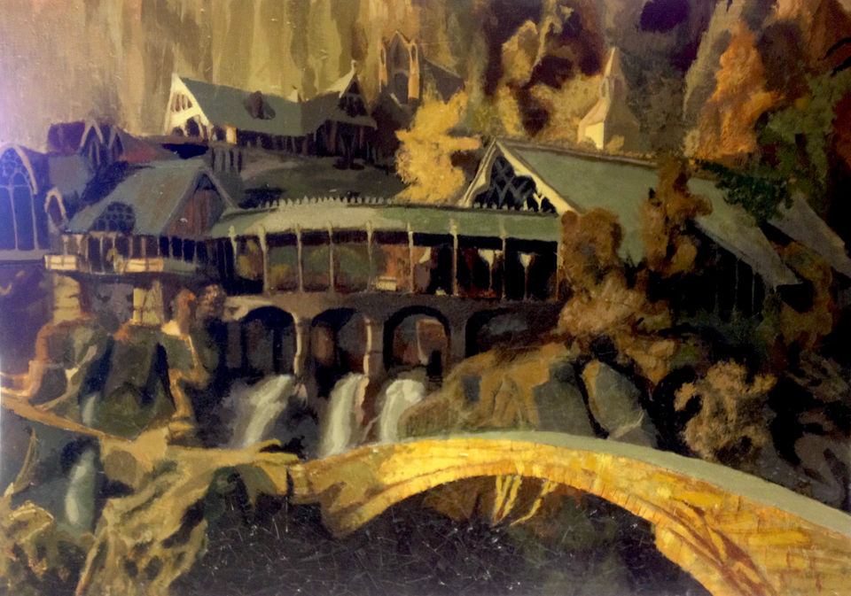 Mixed media painting by Emmelyn Redd of the elf city of Rivendell from The Lord of the Rings.