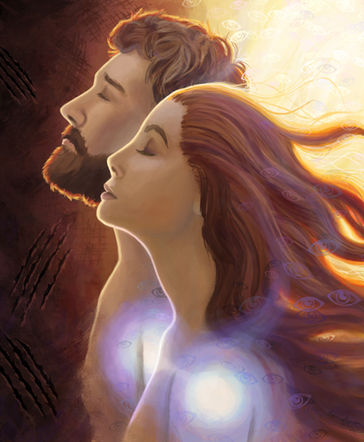 Digital artwork by Emmelyn Redd showing the two parts of the soul, spirit and body, in the image of man and woman. Earthly and spiritual symbols litter the piece in both realistic and 2D-rendered elements.