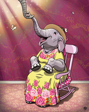Digital drawing by Emmelyn Redd of a happy elephant Grandma in a yellow flowered dress and a flowered hat, sitting in a pink rocking chair and reaching up with her trunk to hold another elephant's trunk coming down from a light in the sky.