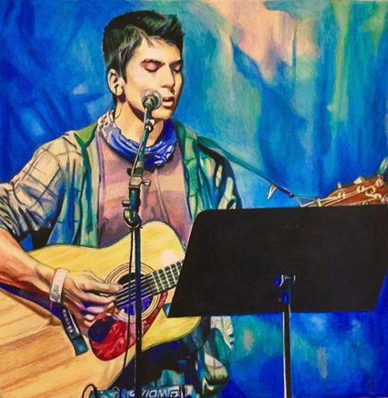 A watercolor pencil painting by Emmelyn Redd of a handsome teenage boy playing the guitar and singing in front of a colorful blue and green background.