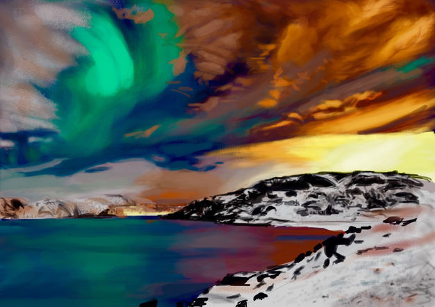 A digital drawing by Emmelyn Redd of the Aurora borealis, snowy hills and mountains, a cloudy colorful sky over a lake.