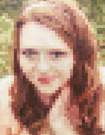 Acrylic painting of a pixelated portrait of Emmelyn Redd by Emmelyn Redd.