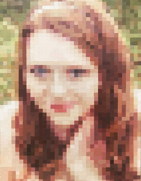 Acrylic painting of a pixelated portrait of Emmelyn Redd by Emmelyn Redd.