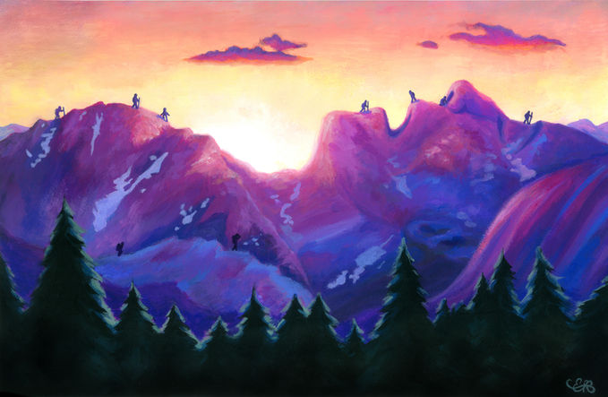 Acrylic painting by Emmelyn Redd of some purple mountains in the shape of a sleeping woman with climbers on the peaks. One climber is peering into the mouth of the woman-shaped mountain. The sun is rising behind the mountains.