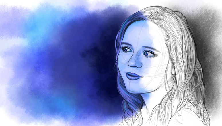 Digital self portrait drawing by Emmelyn Redd, half of her face in blue, the other half in black and white, self portrait, mixed graphite and watercolor look.