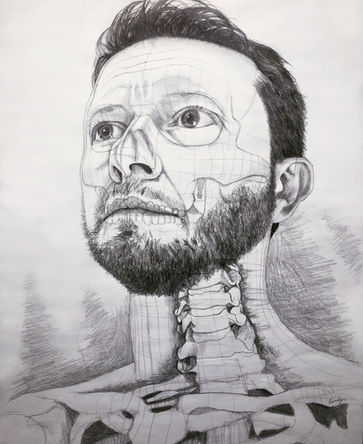 Graphite figure drawing by Emmelyn Redd of her dad from the neck up, his head at a 3/4 turn, and his skull, clavicle and neckbones showing through his skin.