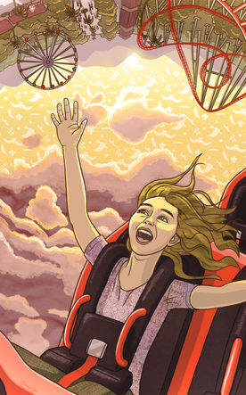 A digital drawing by Emmelyn Redd of herself on a roller coaster with the ground below depicted in the sky.