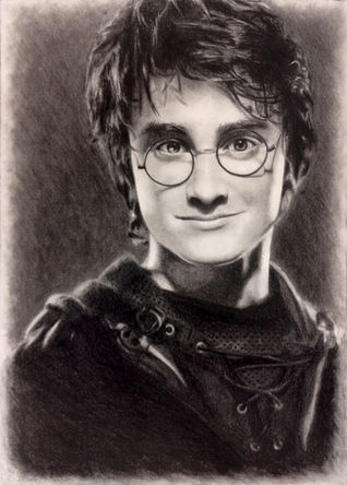 A black and white ebony pencil portrait drawn by Emmelyn Redd of Daniel Radcliffe as Harry Potter in the film "Harry Potter and the Prisoner of Azkaban" based on the book by J.K. Rowling and produced by Warner Brothers.