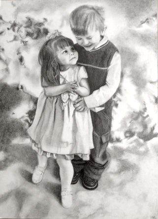 A graphite drawing by Emmelyn Redd of a little girl in a cute dress looking up at her older brother who is smiling down at her. They are standing on a backdrop of clouds.