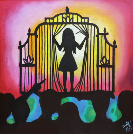 Chalk art by Emmelyn Redd of a silhouette of a girl prying apart the bars of a cage with a crowd of people in the foreground watching and pointing.