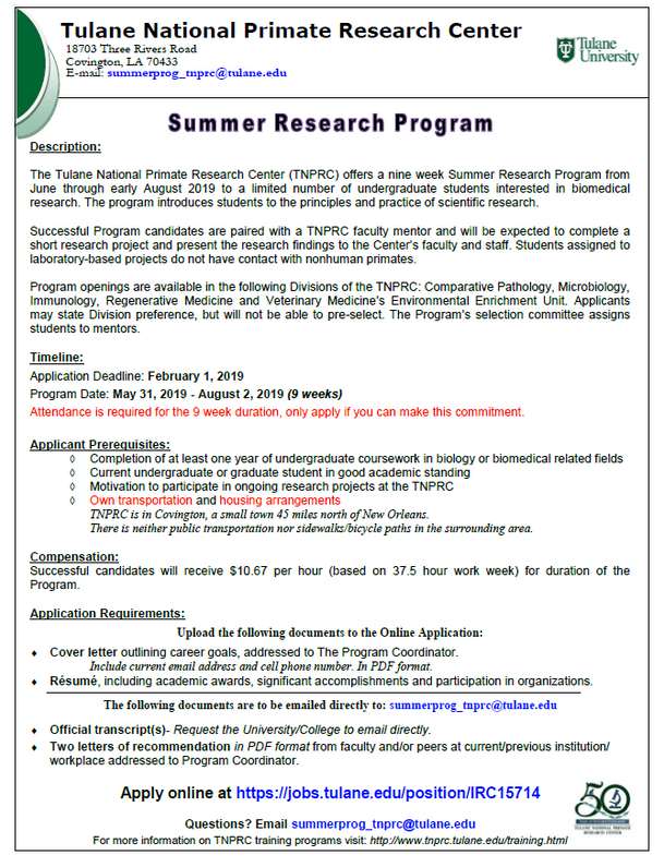 Tulane University- 2019 Summer Research Program