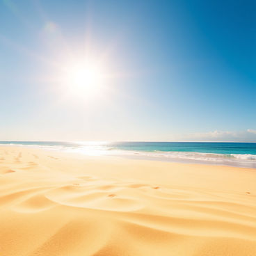 Bright golden sandy beach background under warm sunshine, soft sun rays, clean fine sand t