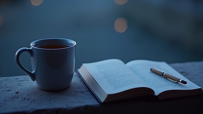 Mug of tea, open book, and pen at night