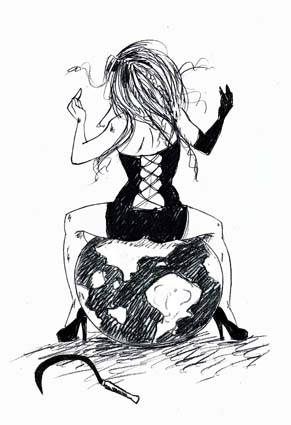 Woman sitting on the Earth, wearing black dress, with the Earth. Zine illustration.
