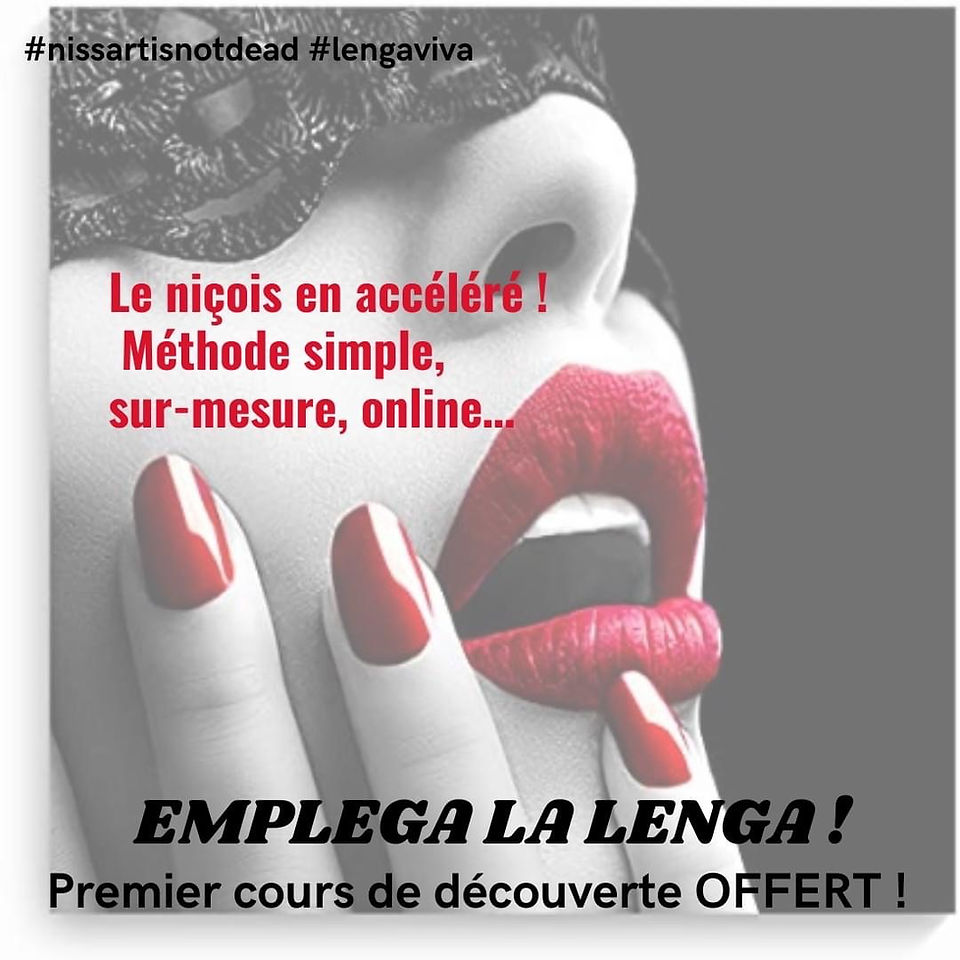 Femme avec lèvres rouges et texte 'Le niçois en accéléré' sur fond blanc.