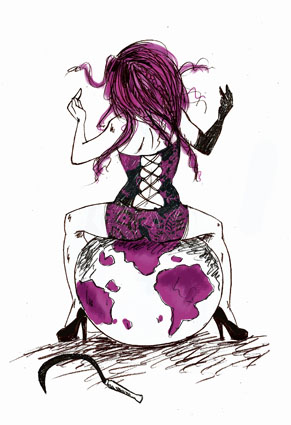 Femme assise sur globe terrestre, artistique. Robe violette. Occitan. Zine.